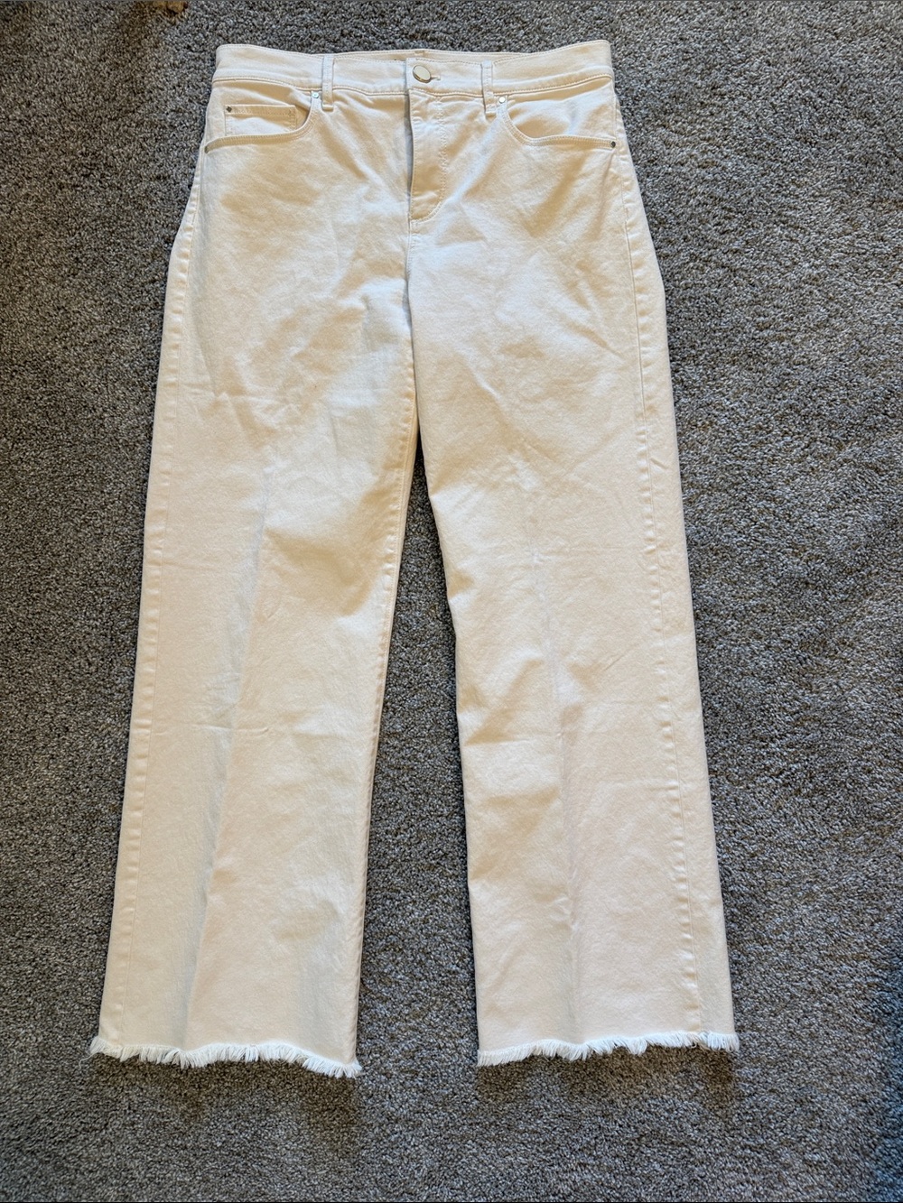 Ann Taylor Cream Straight-Leg Jeans with Frayed Hem